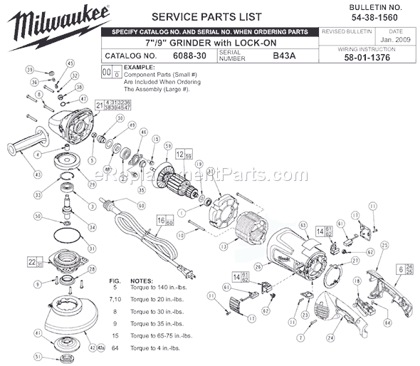 Page A Diagram and Parts List for 6088-30 SER B43A Milwaukee Sander Grinder