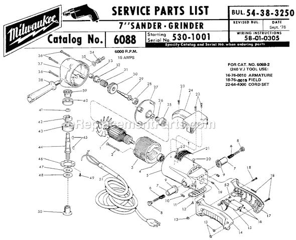 Page A Diagram and Parts List for 6088 SER 530-1001 Milwaukee Sander Polisher