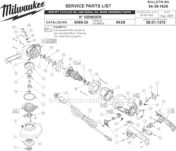 Page A Diagram and Parts List for 6089-20 SER 992B Milwaukee Sander Grinder