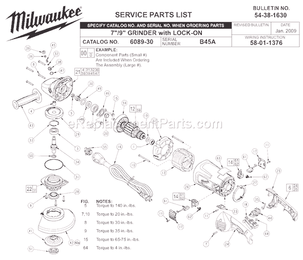 Page A Diagram and Parts List for 6089-30 SER B45A Milwaukee Sander Grinder