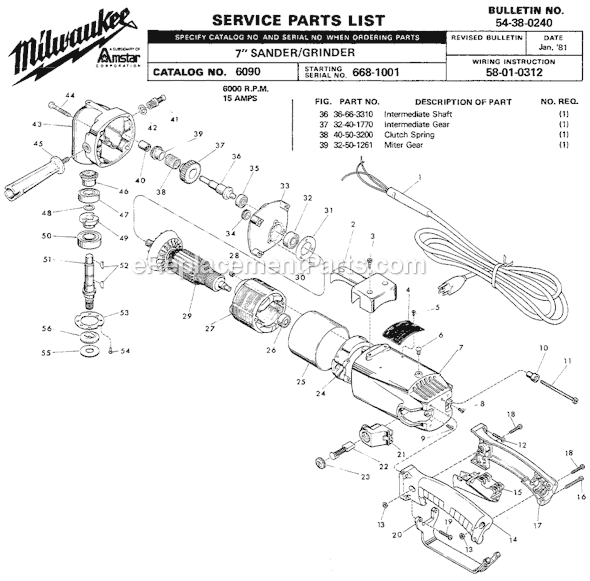 Page A Diagram and Parts List for 6090 SER 668-1001 Milwaukee Sander Polisher