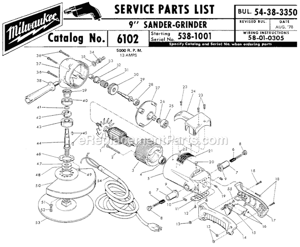 Page A Diagram and Parts List for 6102 SER 538-1001 Milwaukee Sander Polisher