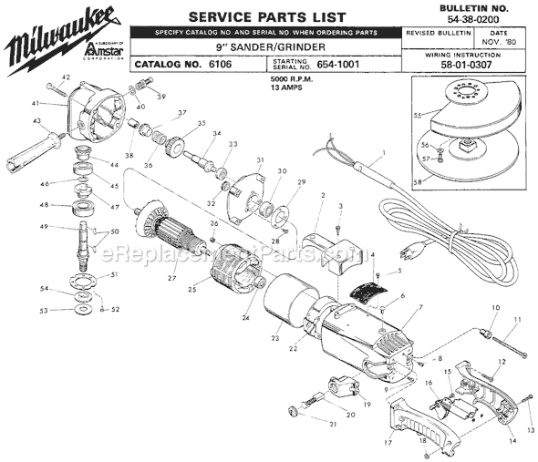 Page A Diagram and Parts List for 6106 SER 654-1001 Milwaukee Sander Polisher