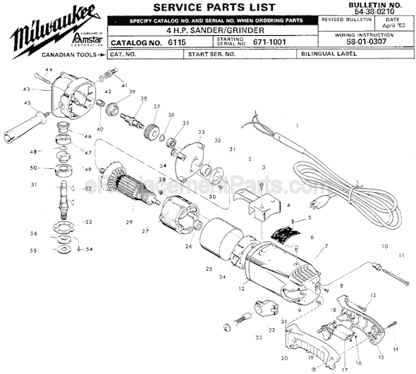 Page A Diagram and Parts List for 6115 SER 671-1001 Milwaukee Sander Polisher