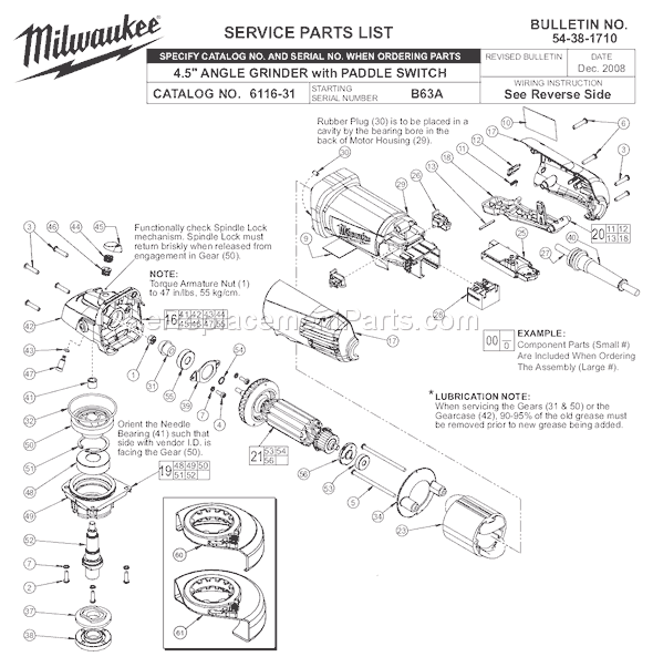 Page A Diagram and Parts List for 6116-31 SER B63A Milwaukee Sander Grinder