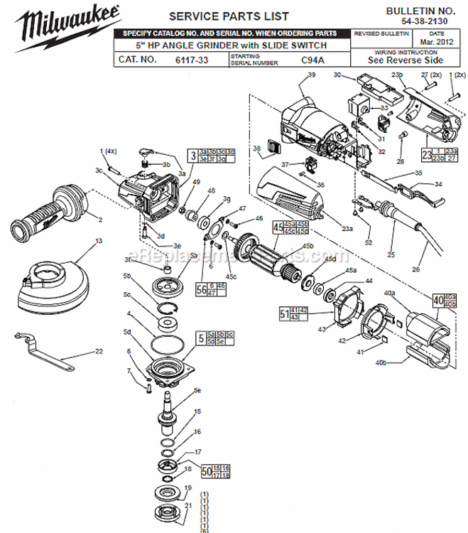 Page A Diagram and Parts List for 6117-33 C94A Milwaukee Angle Grinder