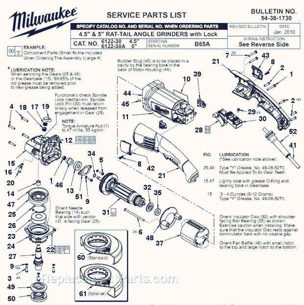 Page A Diagram and Parts List for 6122-30 B65A Milwaukee Sander Grinder