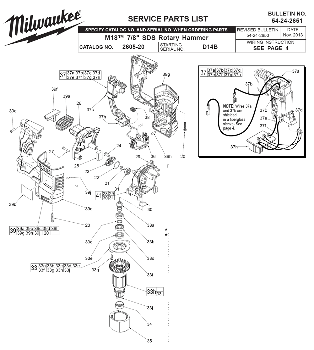 Fig-0 Diagram and Parts List for 2605-22 D14B Milwaukee Hammer Drill
