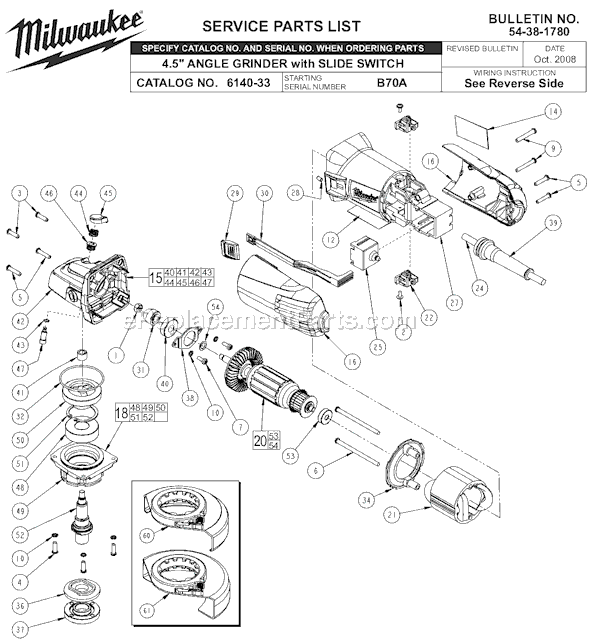 Page A Diagram and Parts List for 6140-33 SER B70A Milwaukee Angle Grinder