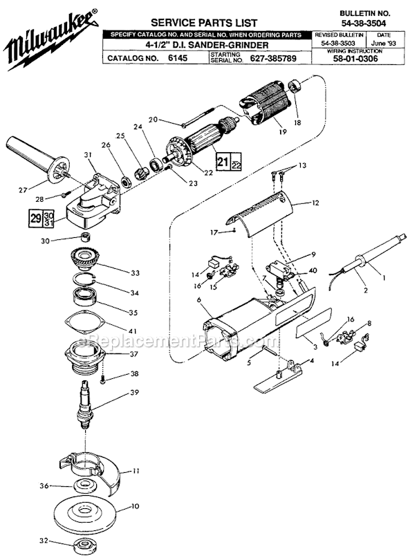 Page A Diagram and Parts List for 6145 SER 627-385789 Milwaukee Sander Polisher