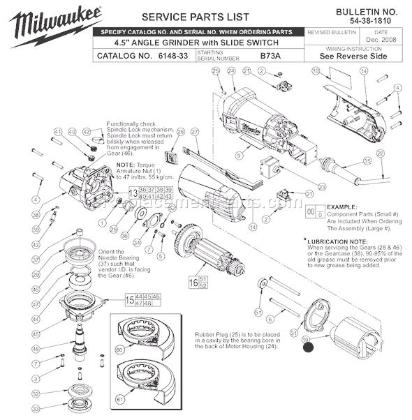 Page A Diagram and Parts List for 6148-33 SER B73A Milwaukee Sander Grinder