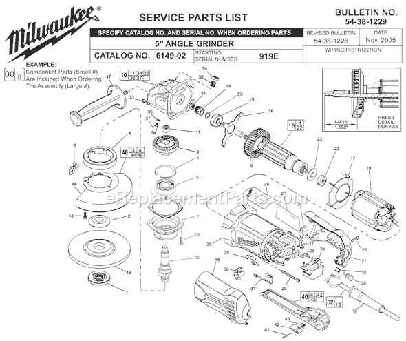 Page A Diagram and Parts List for 6149-02 SER 919E Milwaukee Angle Grinder