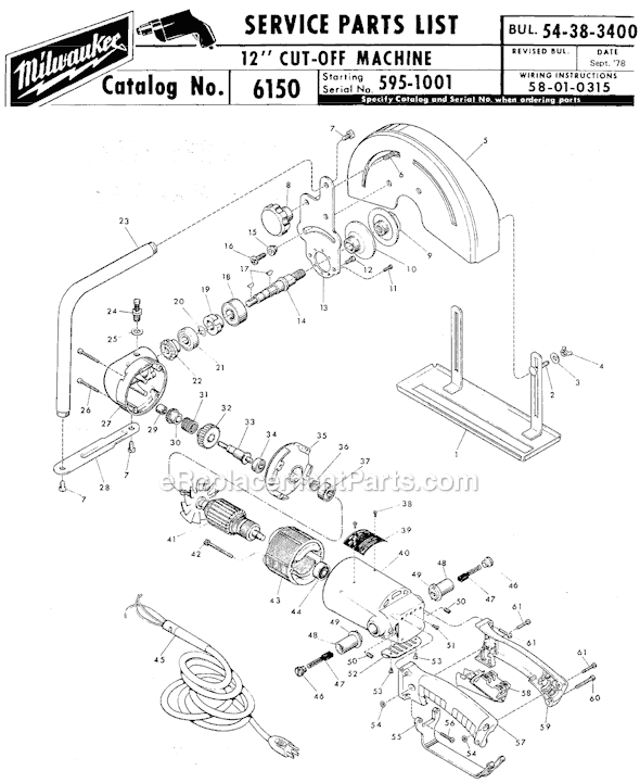 Page A Diagram and Parts List for 6150 SER 595-1001 Milwaukee Chop Saw