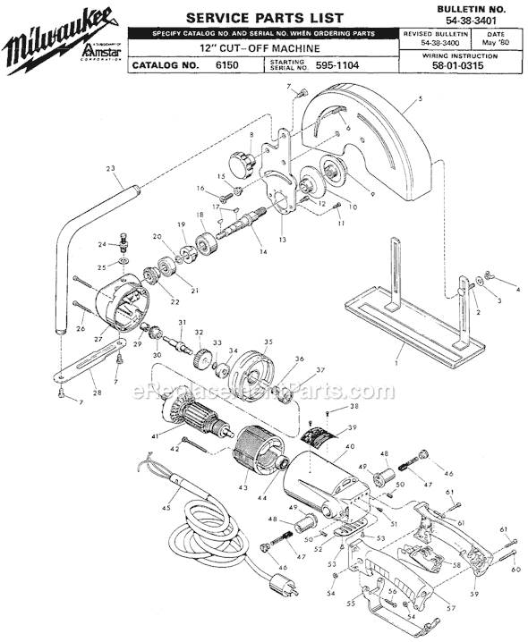 Page A Diagram and Parts List for 6150 SER 595-1104 Milwaukee Chop Saw