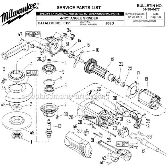 Page A Diagram and Parts List for 6151 SER 868D Milwaukee Sander Polisher