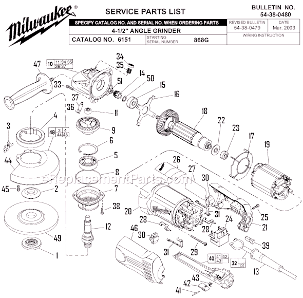 Page A Diagram and Parts List for 6151 SER 868G Milwaukee Sander Polisher