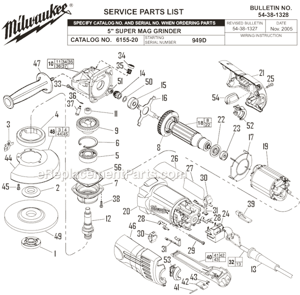 Page A Diagram and Parts List for 6155-20 SER 949D Milwaukee Sander Polisher
