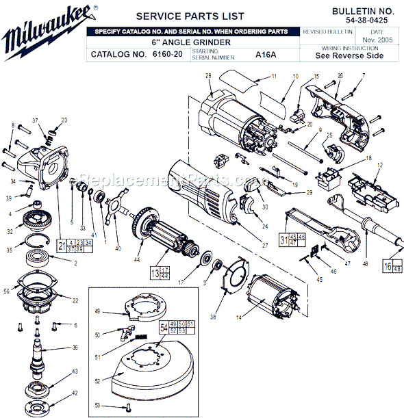 Page A Diagram and Parts List for 6160-20 SER A16A Milwaukee Angle Grinder