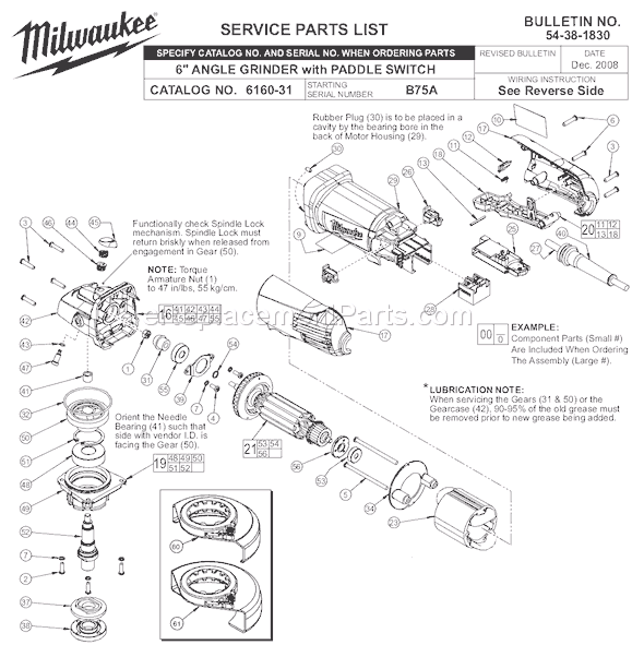 Page A Diagram and Parts List for 6160-31 SER B75A Milwaukee Sander Grinder