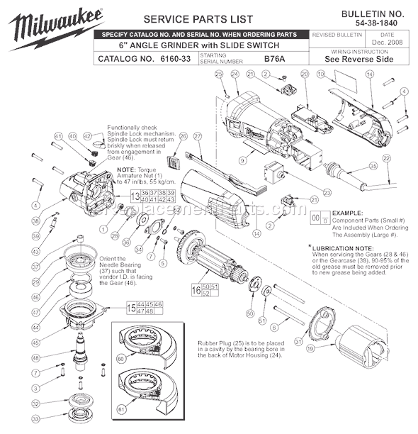 Page A Diagram and Parts List for 6160-33 SER B76A Milwaukee Sander Grinder