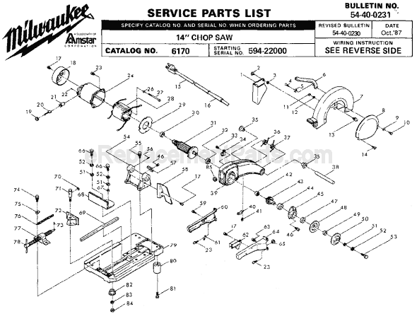 Page A Diagram and Parts List for 6170 SER 594-22000 Milwaukee Chop Saw