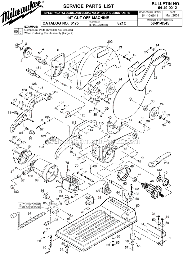 Page A Diagram and Parts List for 6175 SER 821C Milwaukee Chop Saw