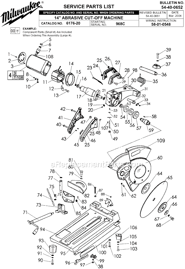 Page A Diagram and Parts List for 6176-20 SER 968C Milwaukee Chop Saw