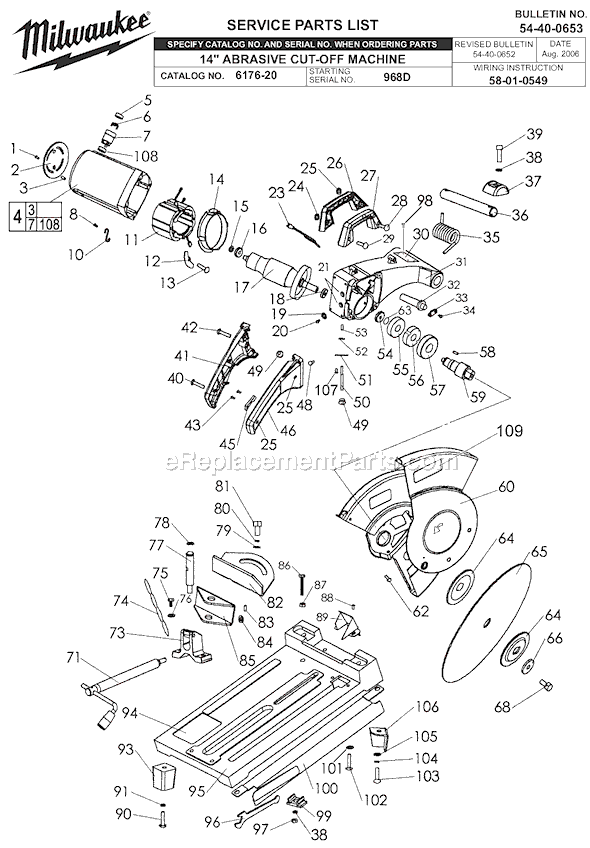 Page A Diagram and Parts List for 6176-20 SER 968D Milwaukee Chop Saw