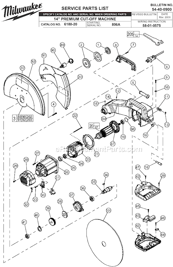 Page A Diagram and Parts List for 6180-20 SER 896A Milwaukee Chop Saw