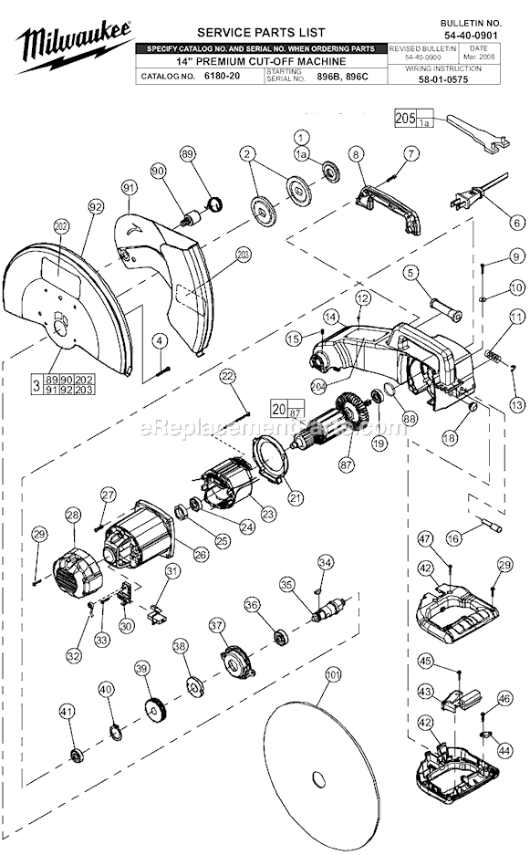 Page A Diagram and Parts List for 6180-20 SER 896C Milwaukee Chop Saw