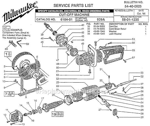 Page A Diagram and Parts List for 6184-01 SER 929A Milwaukee Chop Saw