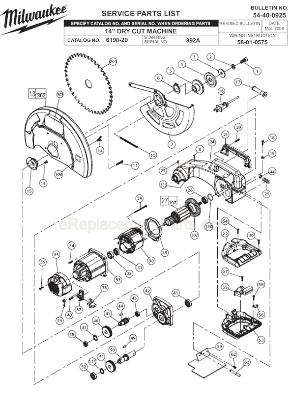 Page A Diagram and Parts List for 6190-20 SER 892A Milwaukee Chop Saw
