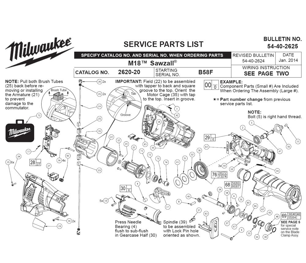 Fig-0 Diagram and Parts List for 2620-21 B58F Milwaukee Saw