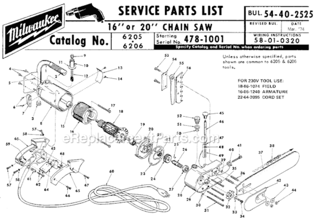Page A Diagram and Parts List for 6206 SER 478-1001 Milwaukee Chainsaw