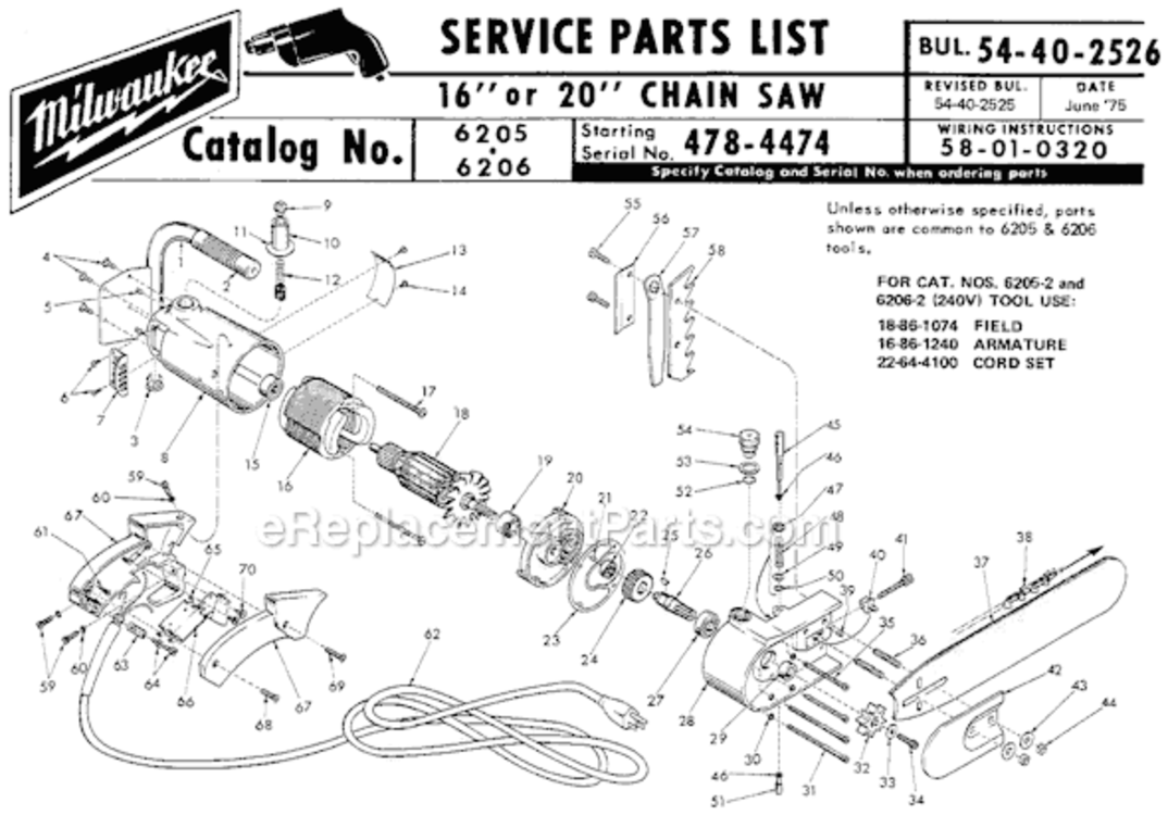 Page A Diagram and Parts List for 6206 SER 478-4474 Milwaukee Chainsaw