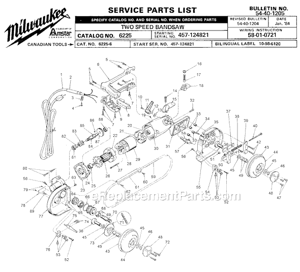 Page A Diagram and Parts List for 6225 SER 457-124821 Milwaukee Band Saw