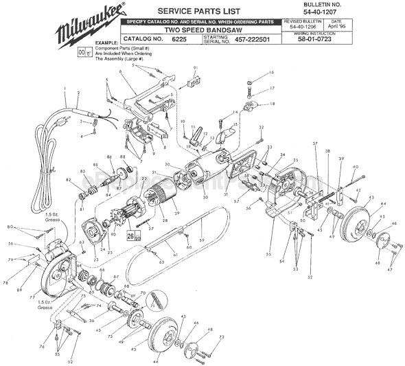 Page A Diagram and Parts List for 6225 SER 457-222501 Milwaukee Band Saw
