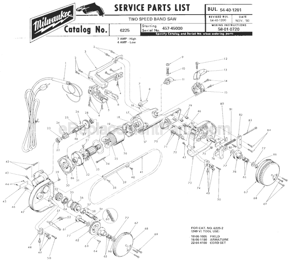Page A Diagram and Parts List for 6225 SER 457-45000 Milwaukee Band Saw