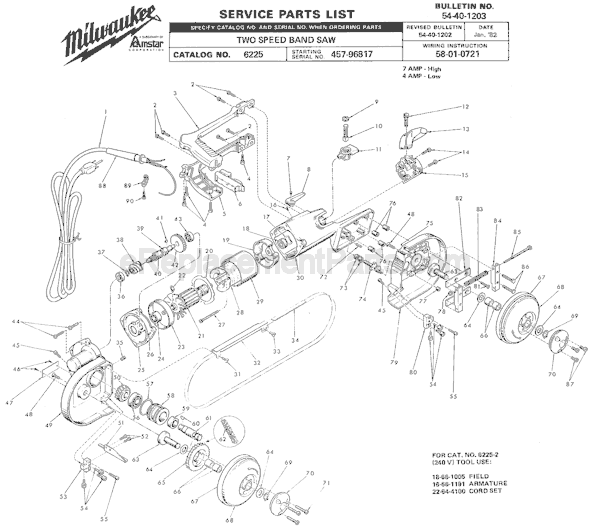 Page A Diagram and Parts List for 6225 SER 457-96817 Milwaukee Band Saw