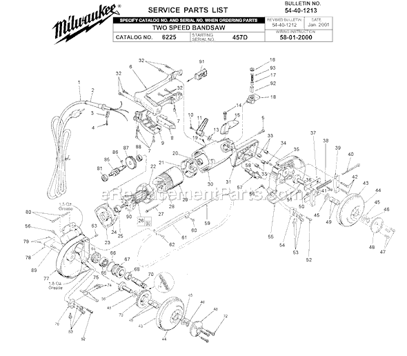 Page A Diagram and Parts List for 6225 SER 457D Milwaukee Band Saw