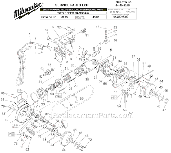 Page A Diagram and Parts List for 6225 SER 457F Milwaukee Band Saw