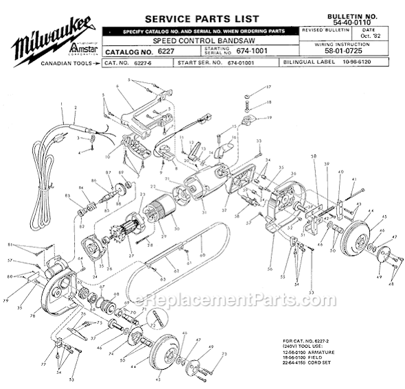 Page A Diagram and Parts List for 6227 SER 674-1001 Milwaukee Band Saw