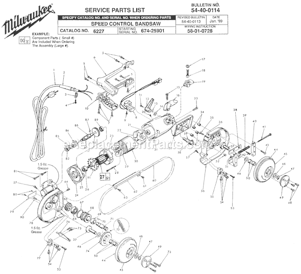 Page A Diagram and Parts List for 6227 SER 674-25901 Milwaukee Band Saw