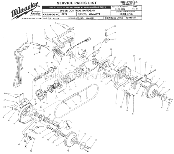 Page A Diagram and Parts List for 6227 SER 674-4271 Milwaukee Band Saw