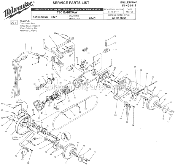 Page A Diagram and Parts List for 6227 SER 674C Milwaukee Band Saw