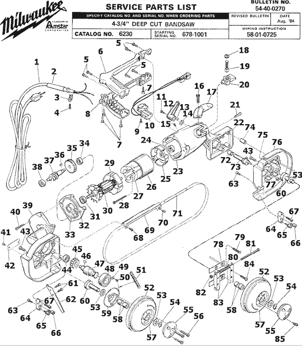 Page A Diagram and Parts List for 6230 SER 678-1001 Milwaukee Band Saw