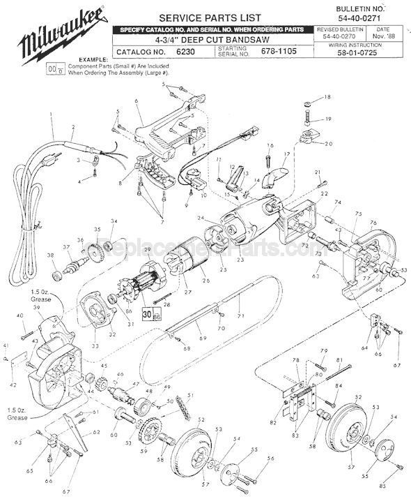 Page A Diagram and Parts List for 6230 SER 678-1105 Milwaukee Band Saw