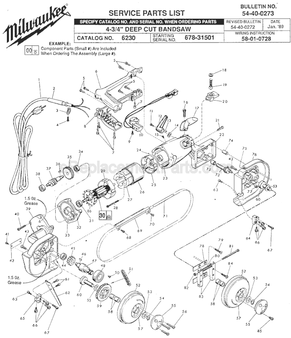 Page A Diagram and Parts List for 6230 SER 678-31501 Milwaukee Band Saw