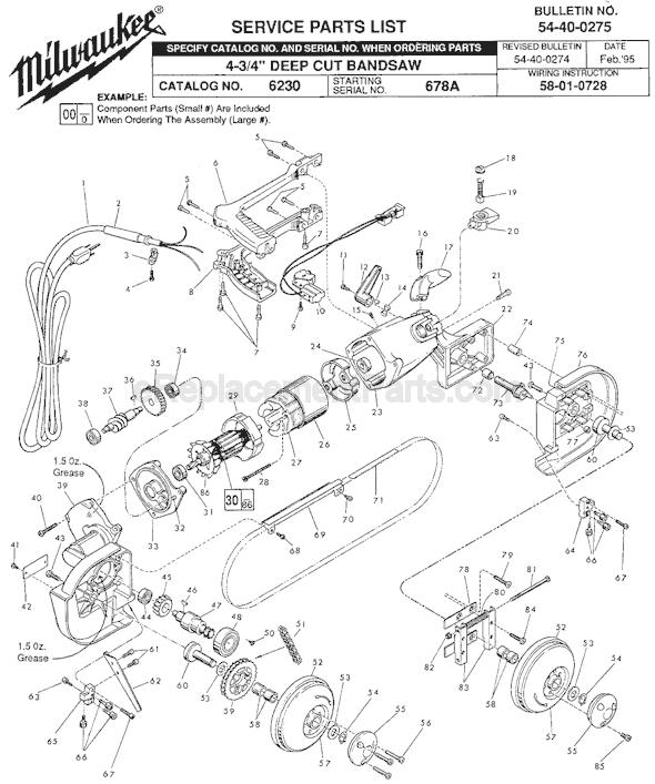Page A Diagram and Parts List for 6230 SER 678A Milwaukee Band Saw