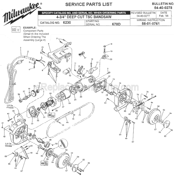 Page A Diagram and Parts List for 6230 SER 678D Milwaukee Band Saw